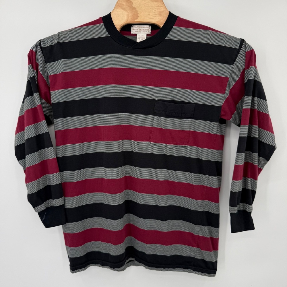 Norm Thompson Pocket T-Shirt Mens Large Burgundy Black Striped Long Sleeve VTG